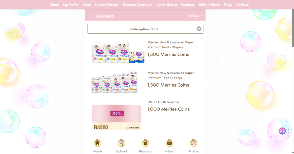 rewards page of merries family club website
